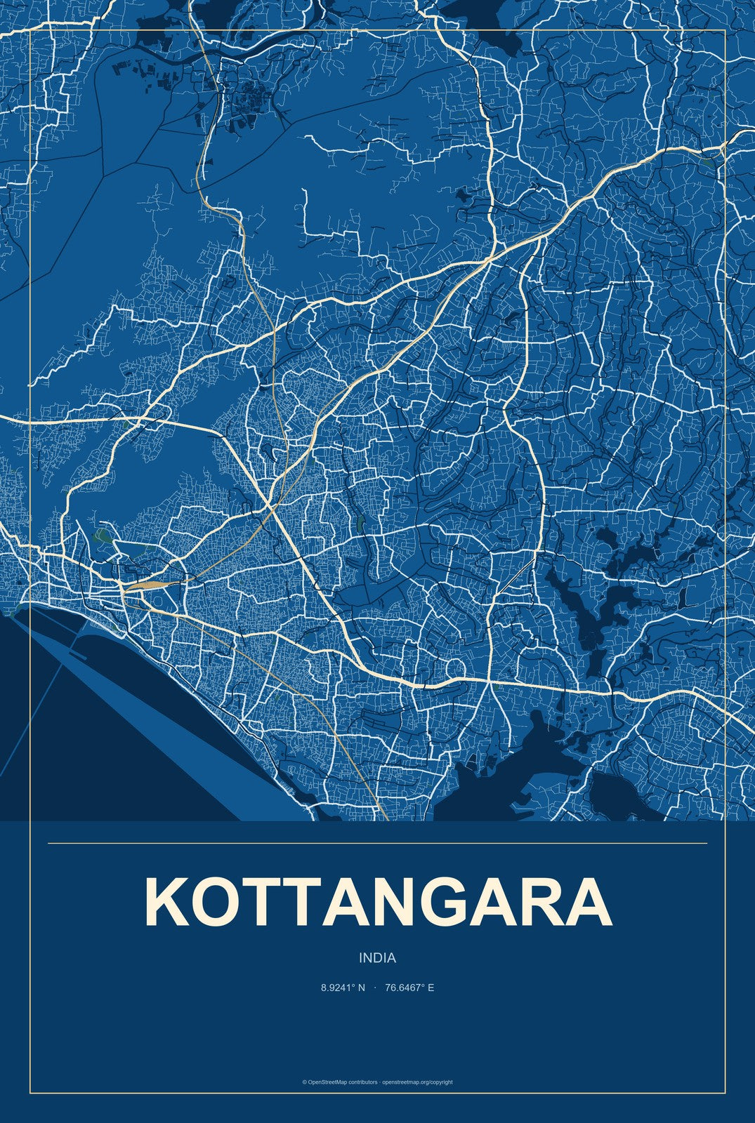 Kottangara, India City Map Aluminum Sign in Harbor Cobalt style