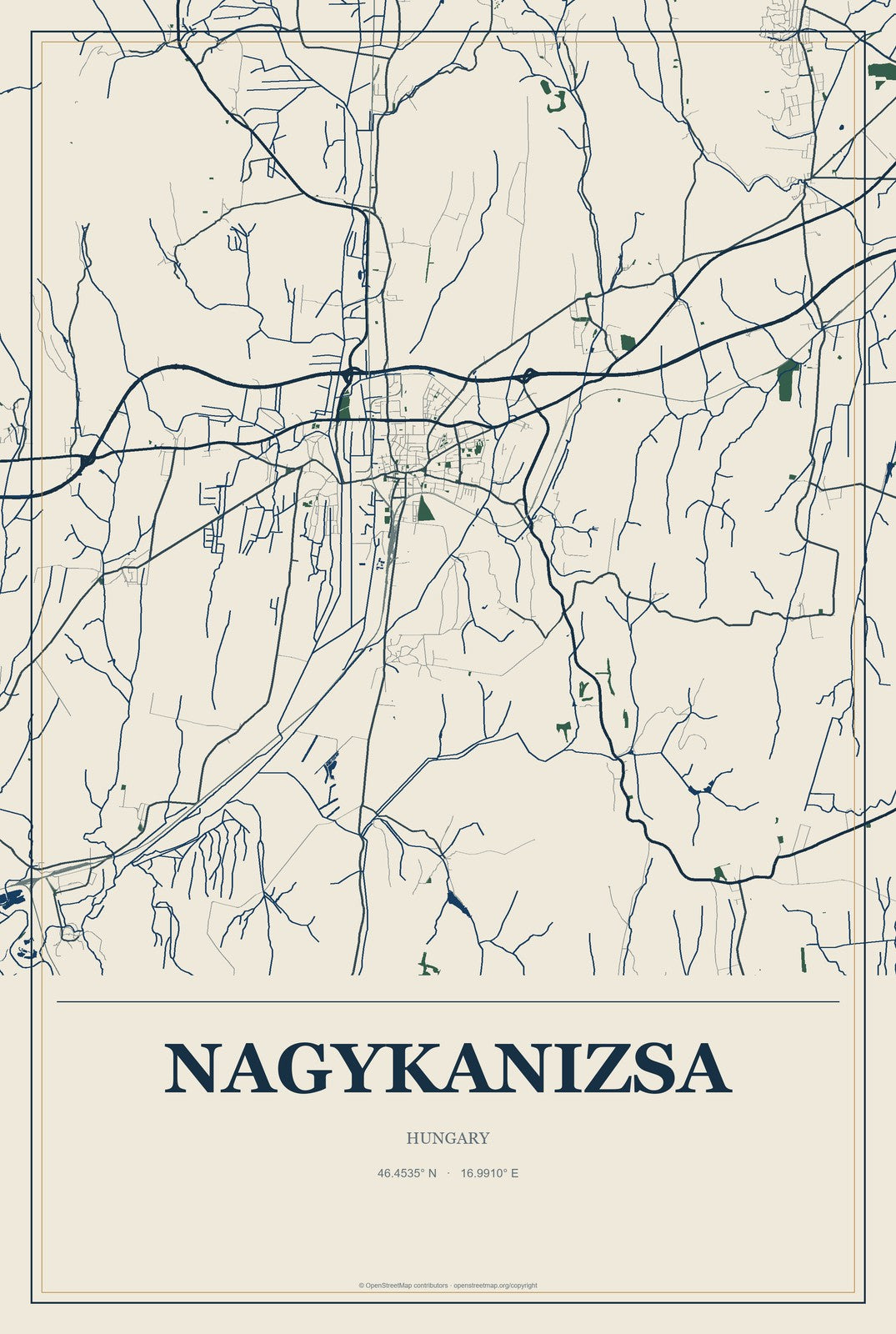 Nagykanizsa, Hungary City Map Aluminum Sign in Coastal Cutout style