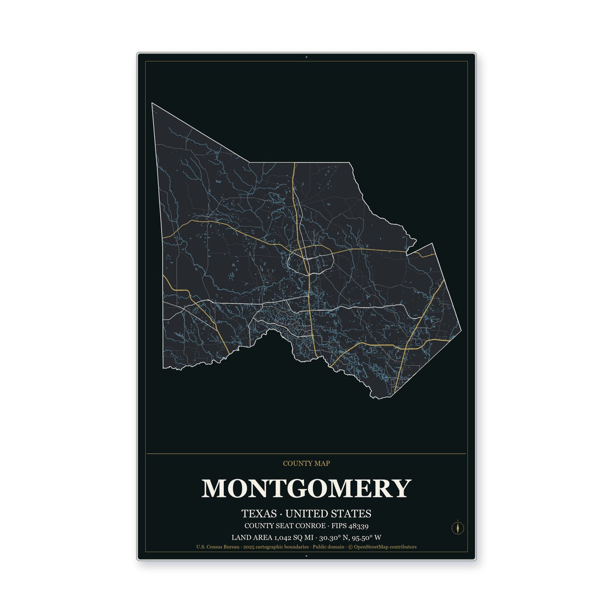 Montgomery County, Texas Map Aluminum Sign in Metropolitan Noir style