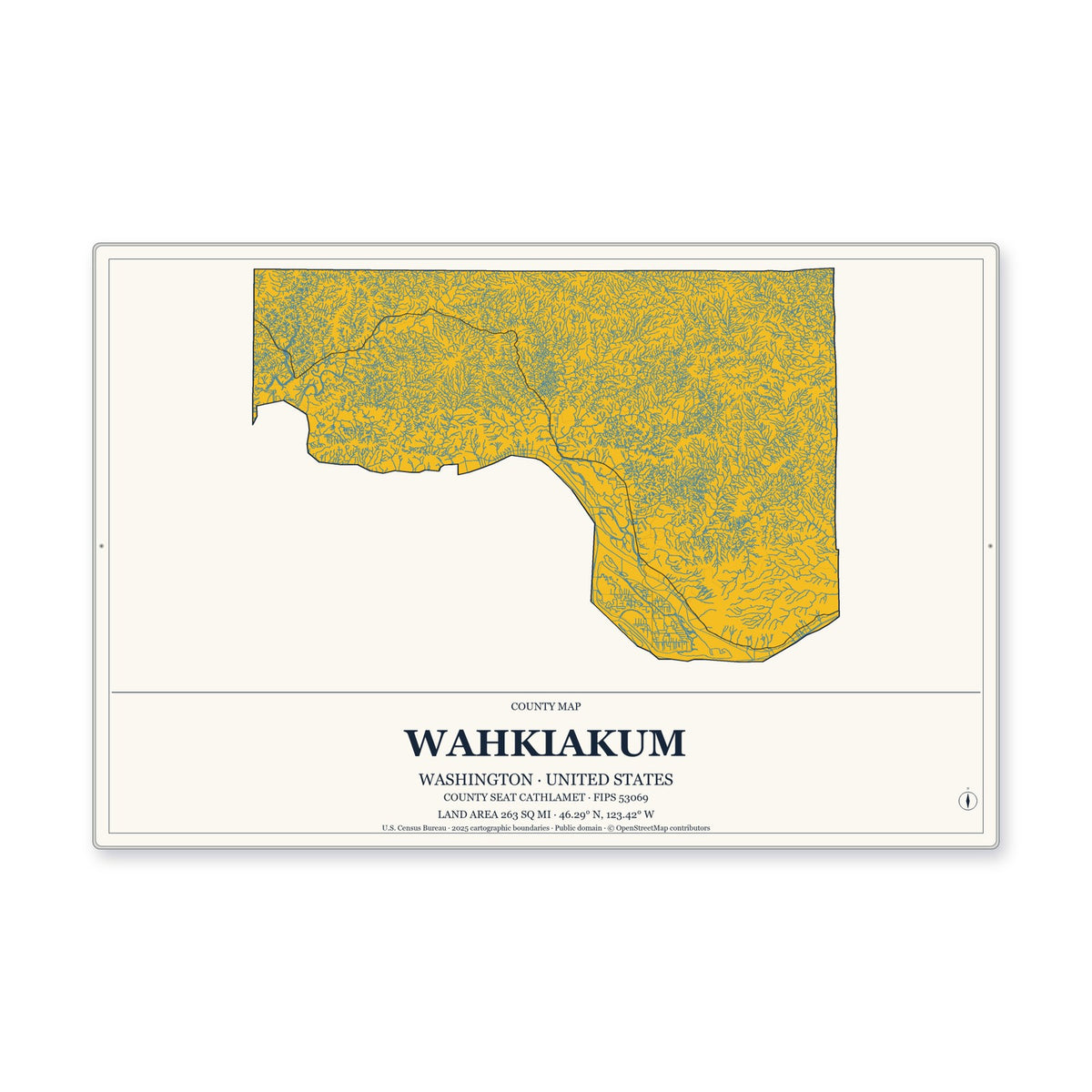 Wahkiakum County, Washington Map Aluminum Sign in Citrine Modern style