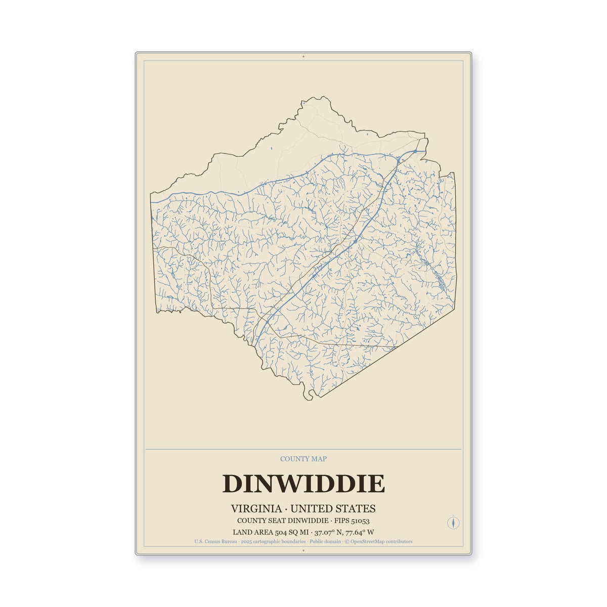 Dinwiddie County, Virginia Map Aluminum Sign in Heritage Nautical style