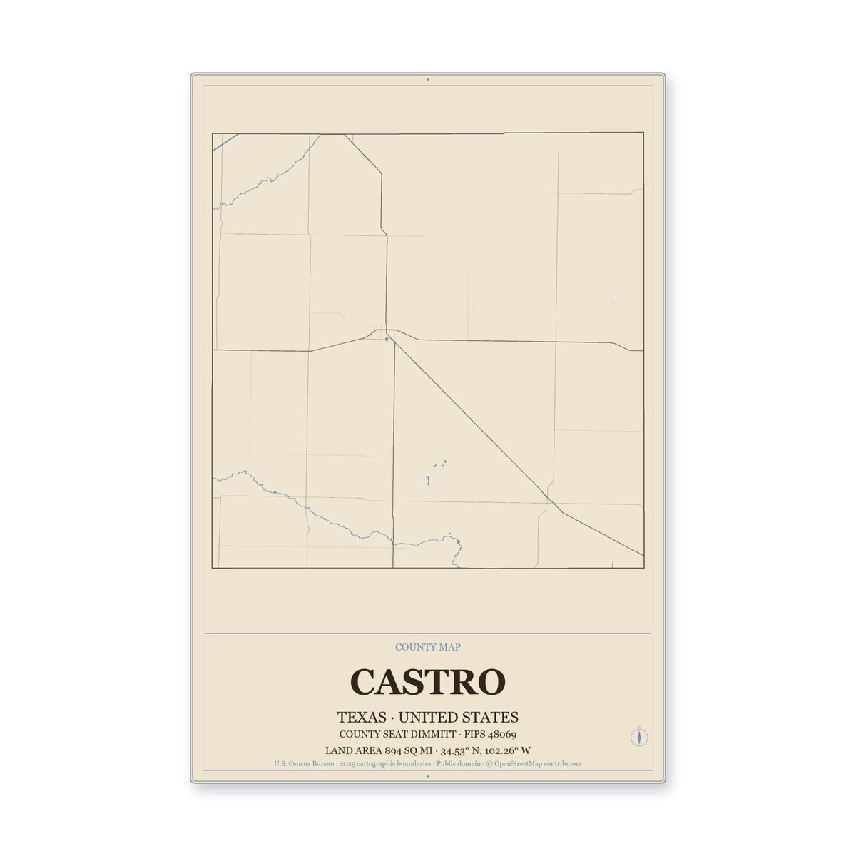 Castro County, Texas Map Aluminum Sign in Heritage Nautical style