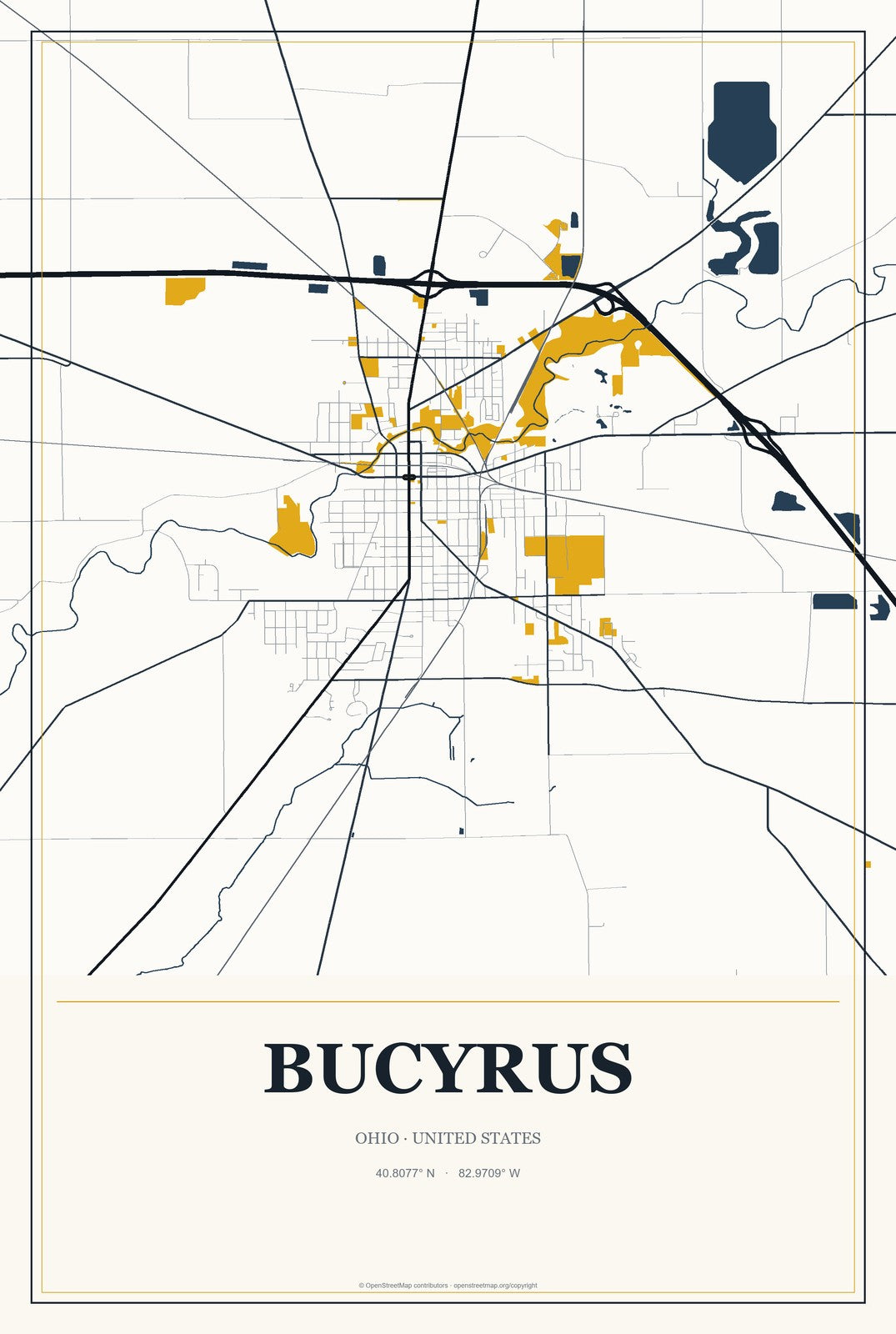 Bucyrus, Ohio City Map Aluminum Sign in Citrine Modern style