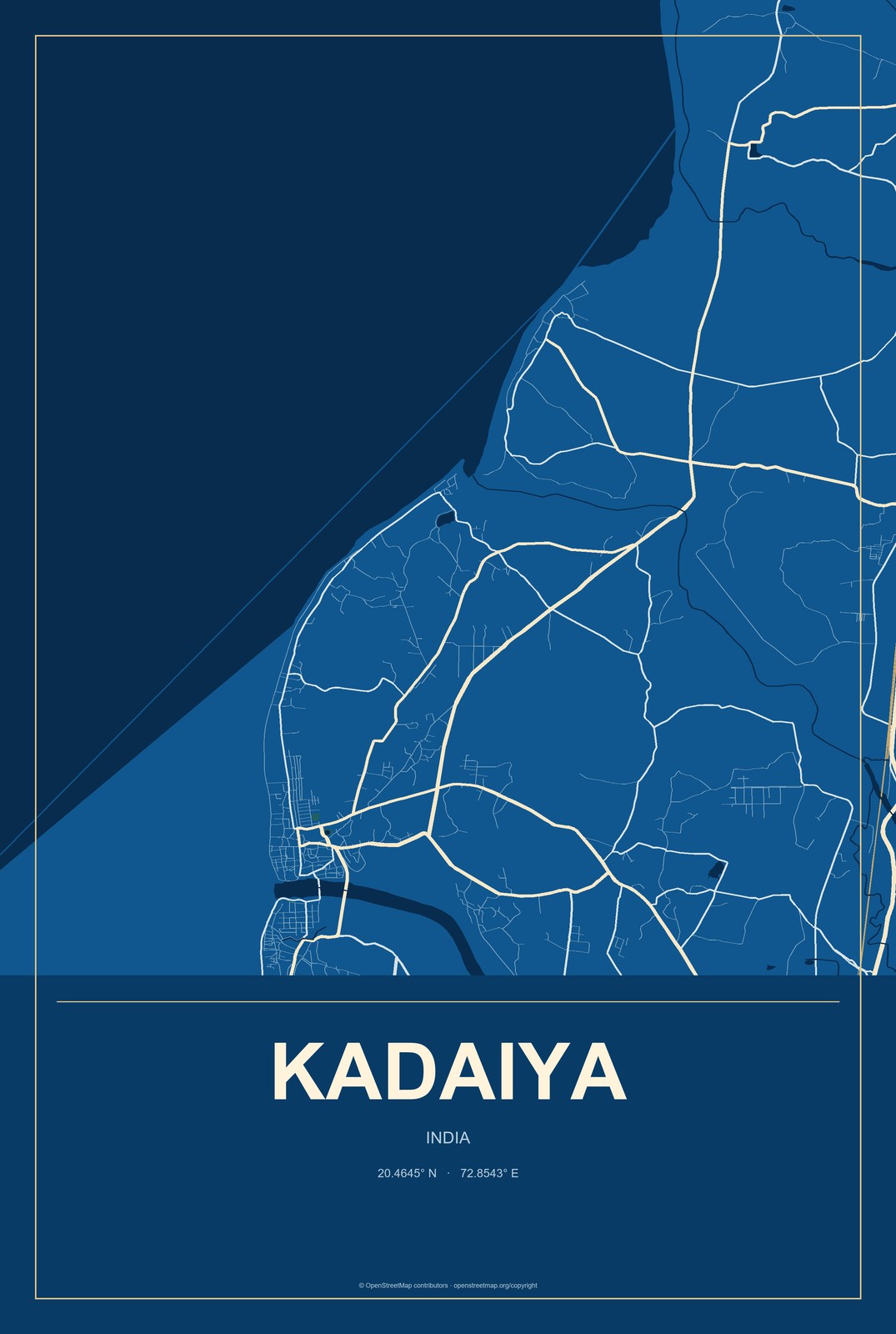 Kadaiya, India City Map Aluminum Sign in Harbor Cobalt style