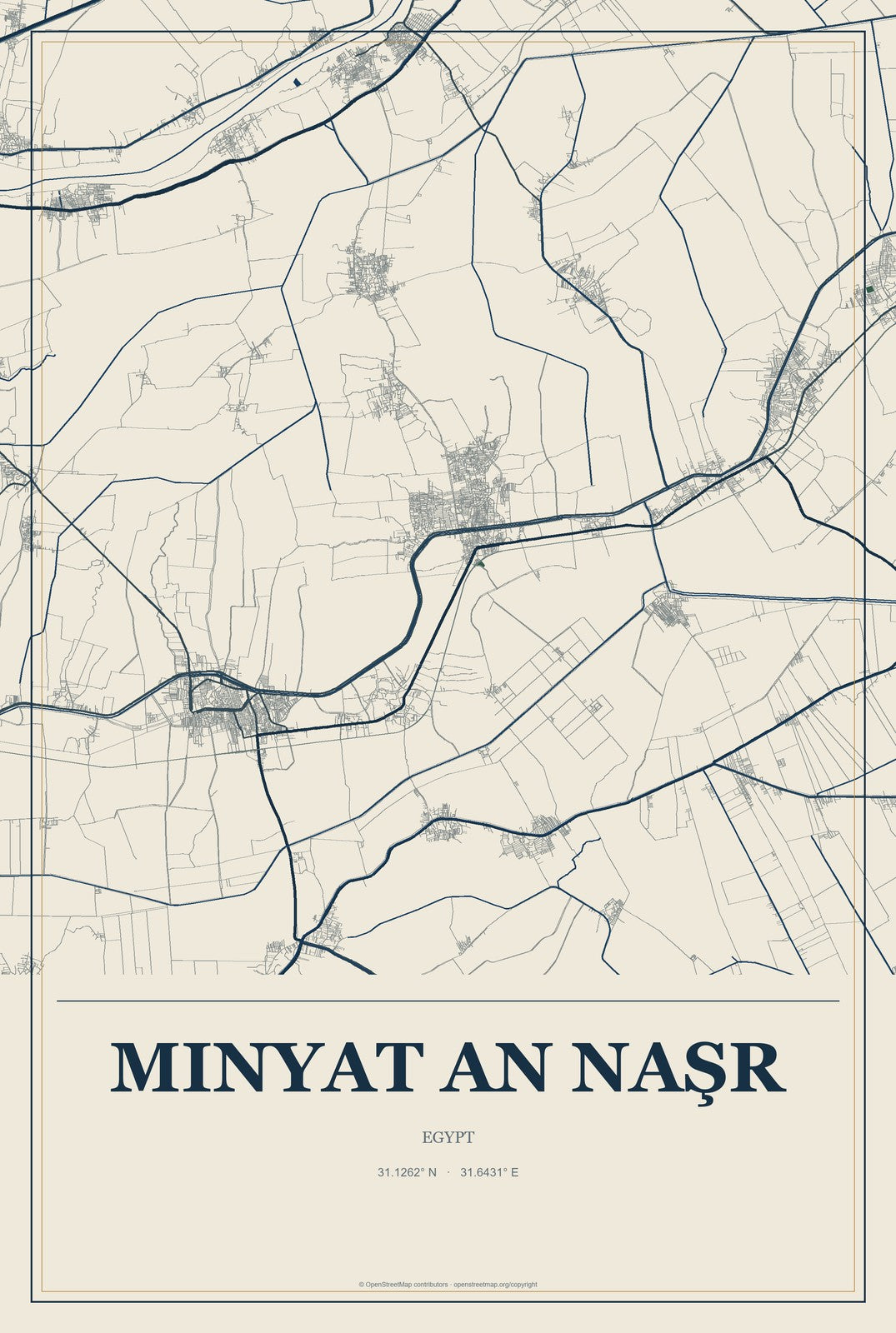 Minyat an Naşr, Egypt City Map Aluminum Sign in Coastal Cutout style