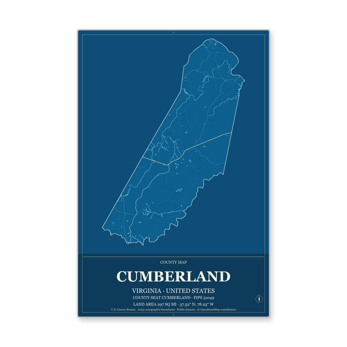 Cumberland County, Virginia Map Aluminum Sign in Harbor Cobalt style