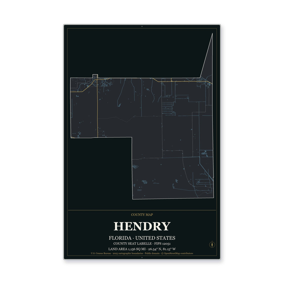 Hendry County, Florida Map Aluminum Sign in Metropolitan Noir style