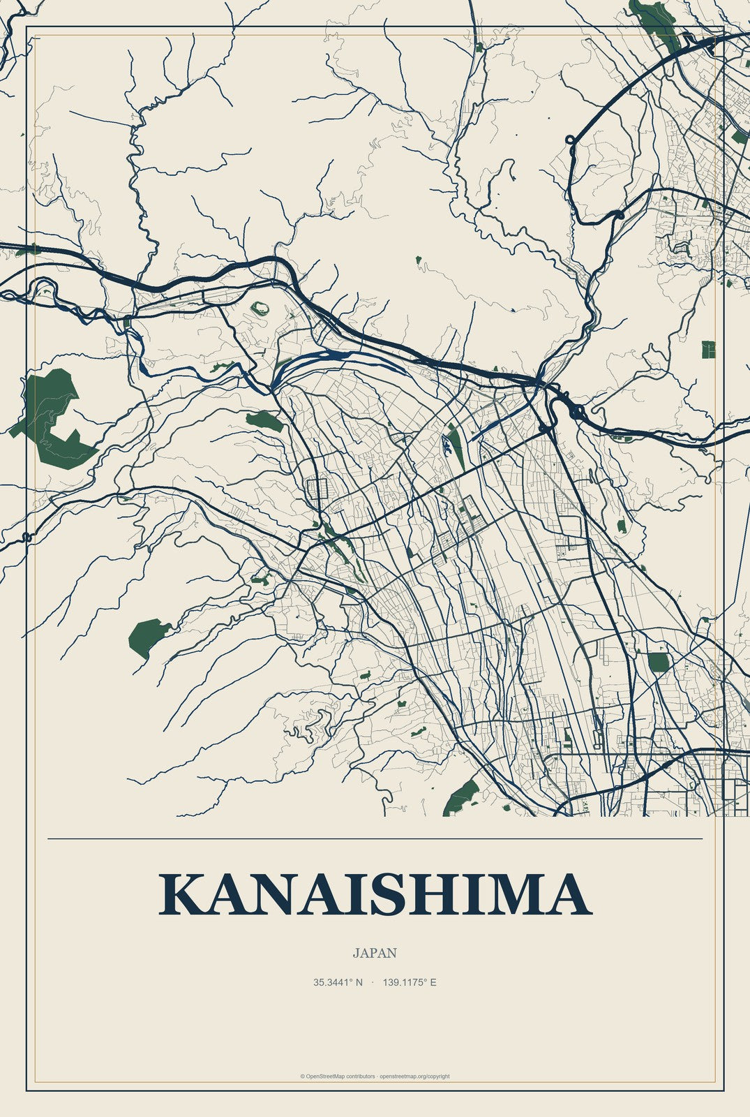 Kanaishima, Japan City Map Aluminum Sign in Coastal Cutout style