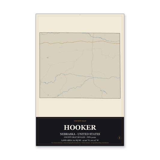 Hooker County, Nebraska Map Aluminum Sign in Museum Plaque style