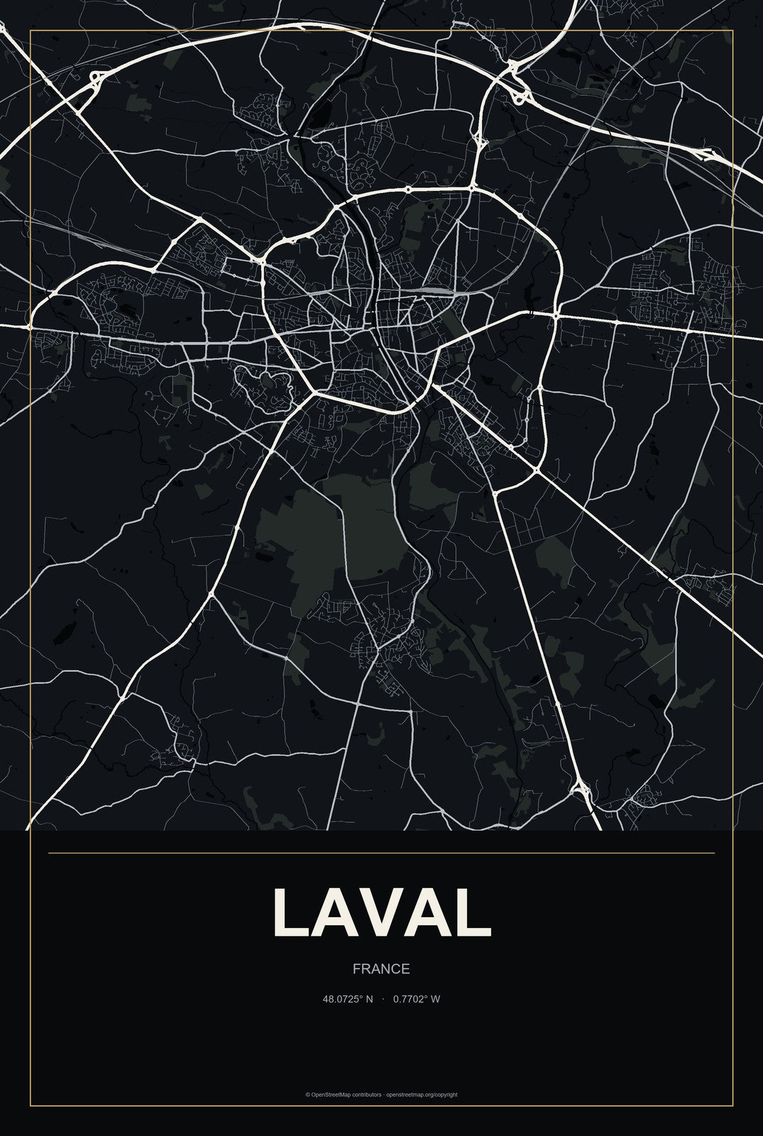 Laval, France City Map Aluminum Sign in Metropolitan Noir style