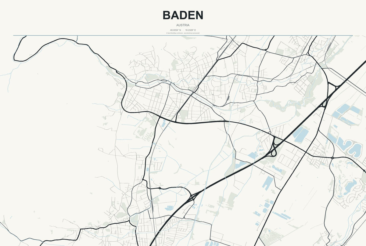 Baden, Austria City Map Aluminum Sign in Headline Atlas style