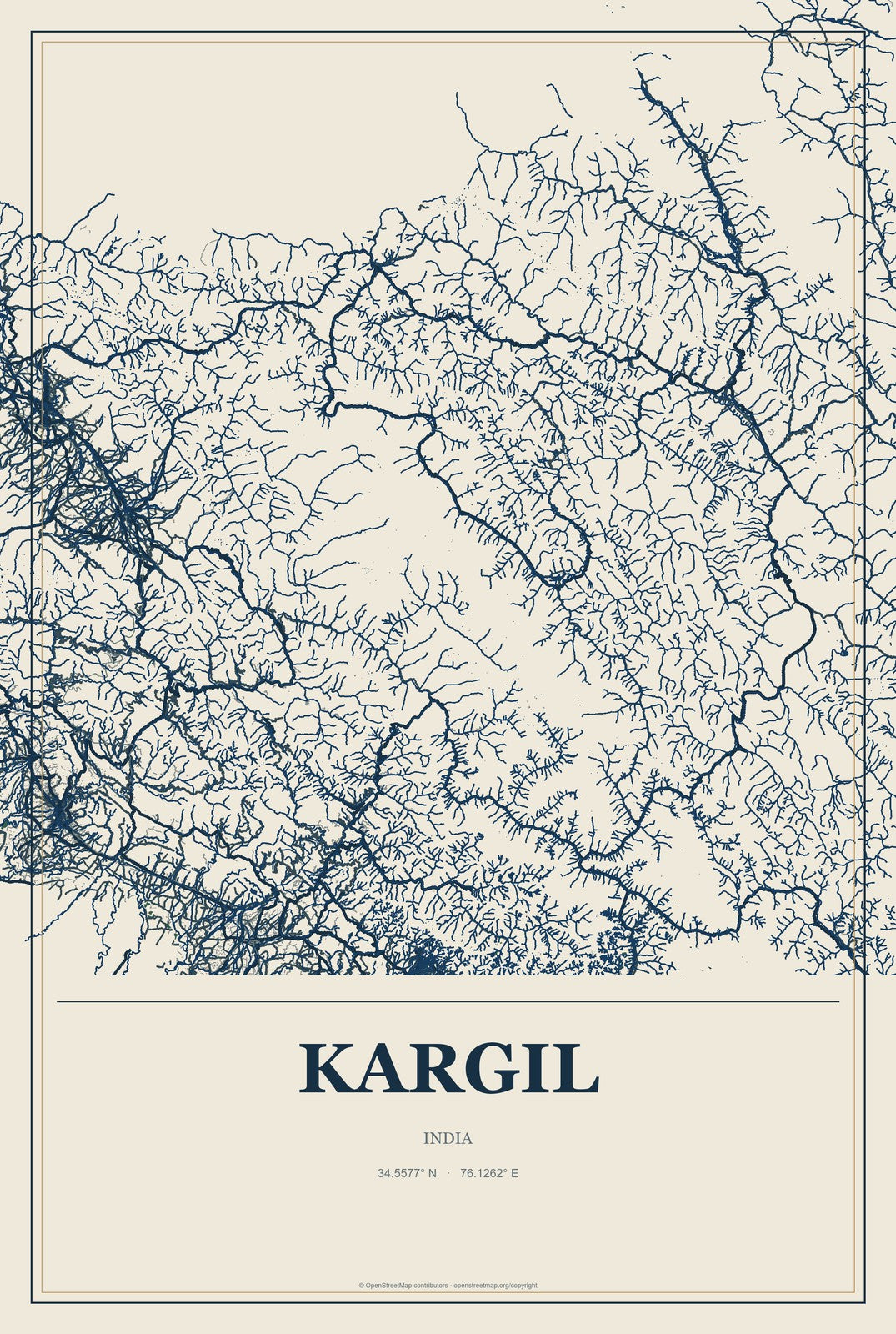 Kargil, India City Map Aluminum Sign in Coastal Cutout style