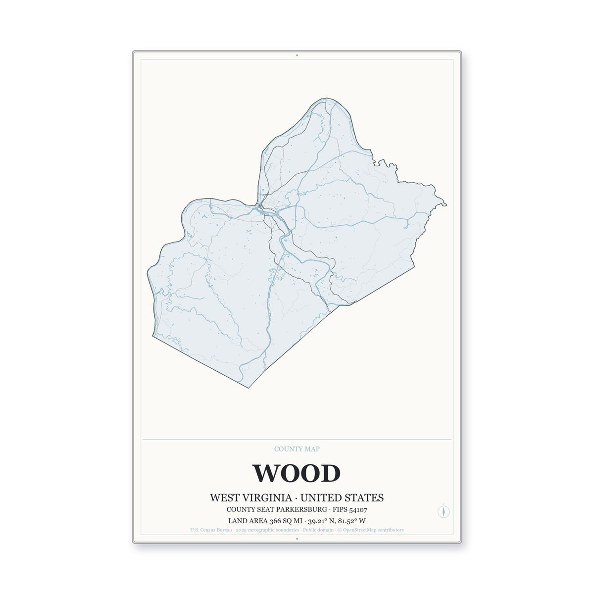 Wood County, West Virginia Map Aluminum Sign in Gallery Air style