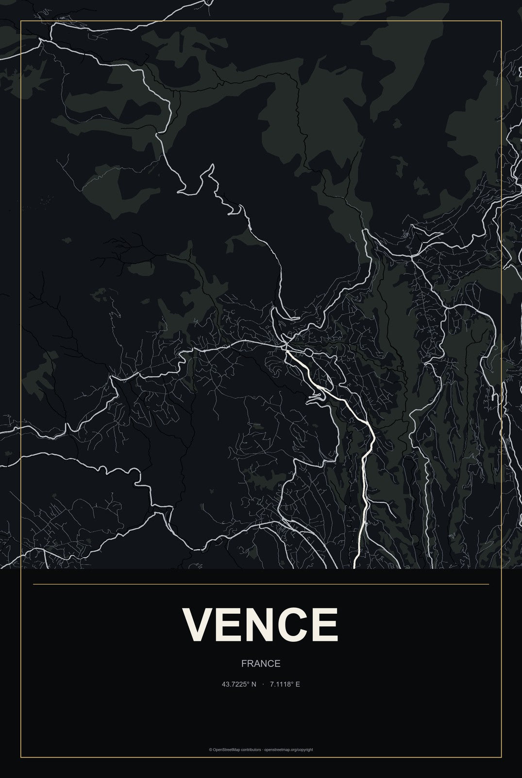 Vence, France City Map Aluminum Sign in Metropolitan Noir style