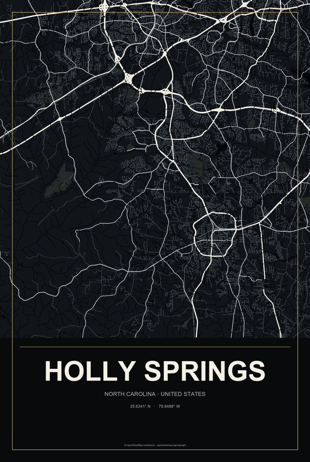 Holly Springs, North Carolina City Map Aluminum Sign in Metropolitan Noir style