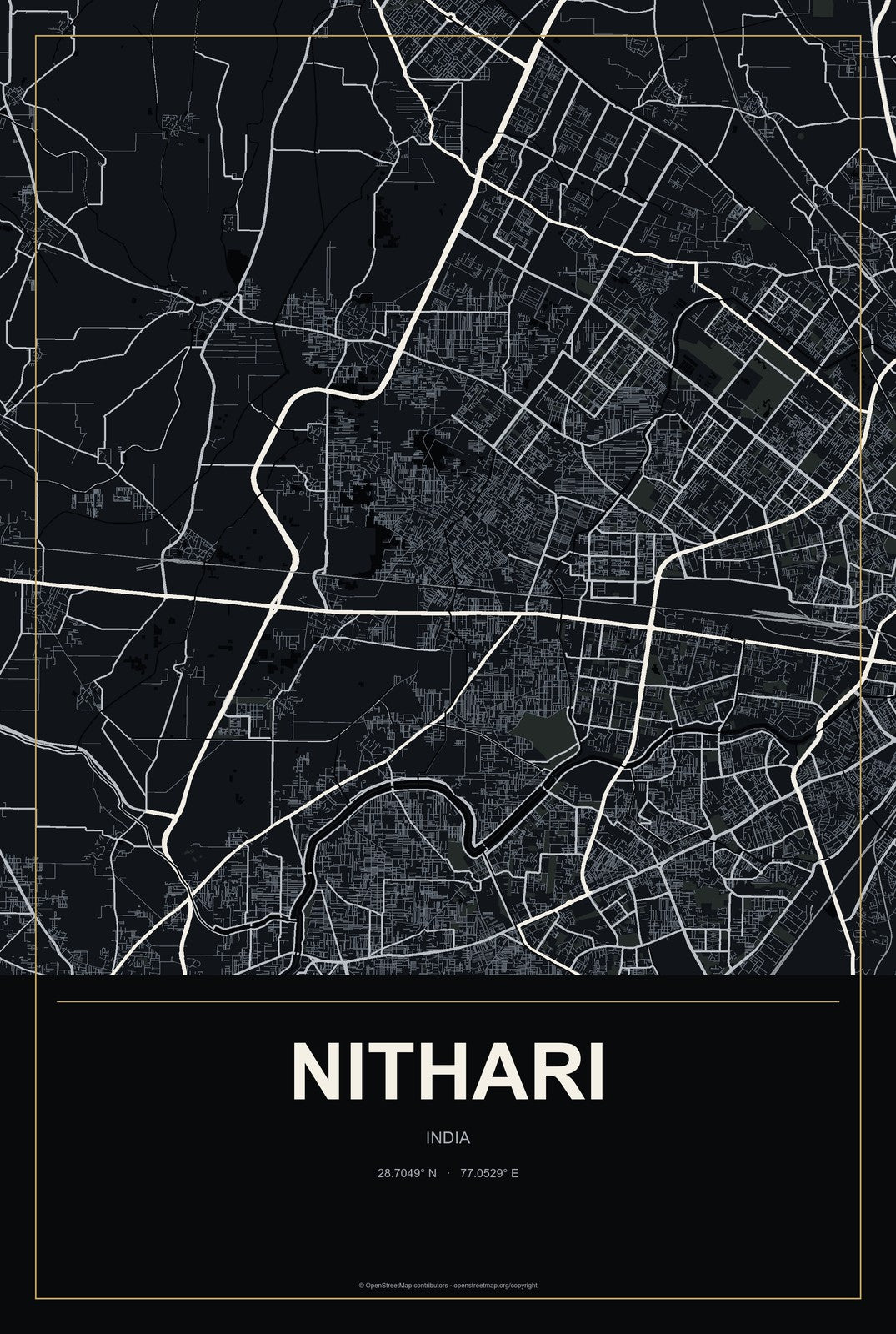 Nithari, India City Map Aluminum Sign in Metropolitan Noir style