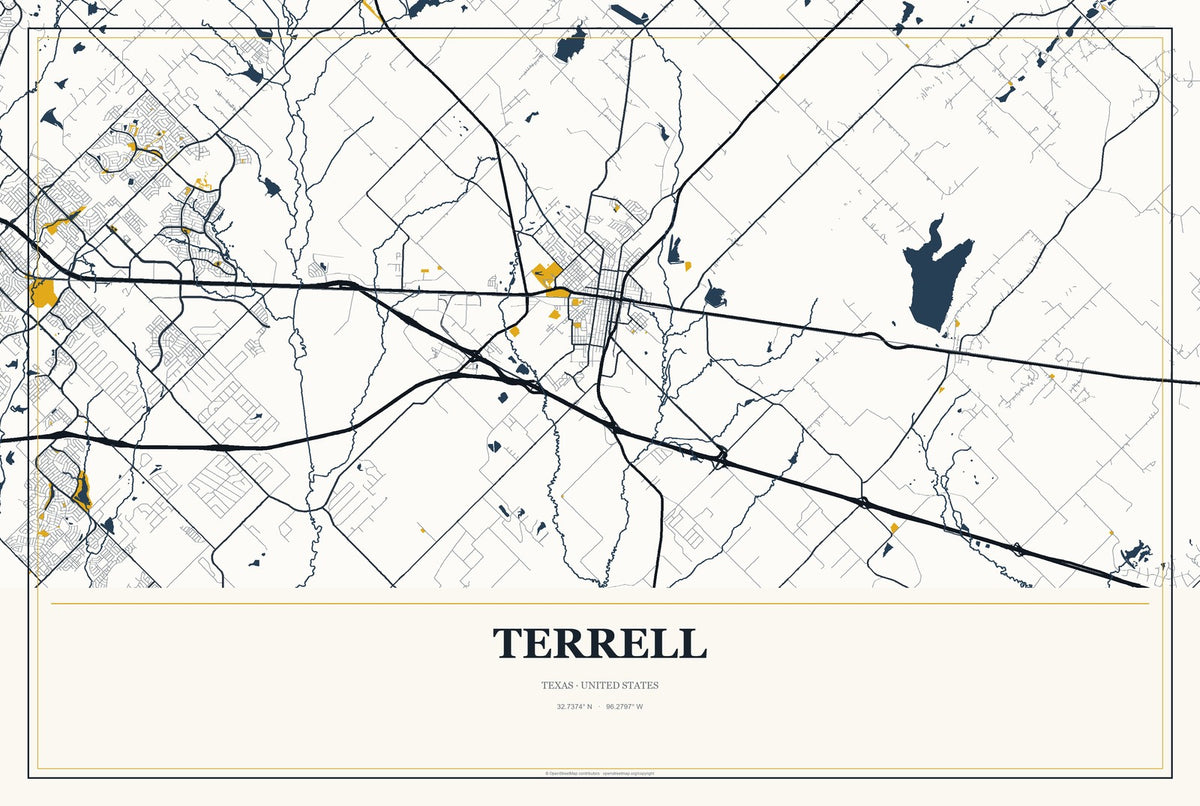 Terrell, Texas City Map Aluminum Sign in Citrine Modern style