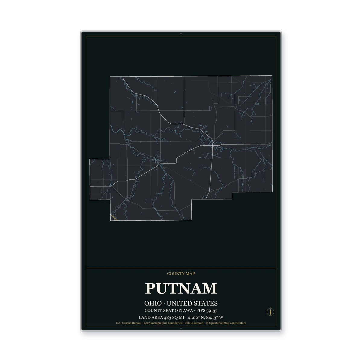 Putnam County, Ohio Map Aluminum Sign in Metropolitan Noir style