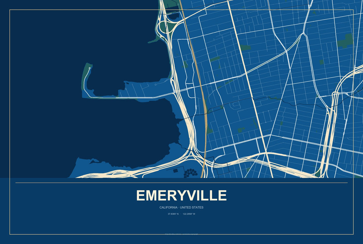 Emeryville, California City Map Aluminum Sign in Harbor Cobalt style