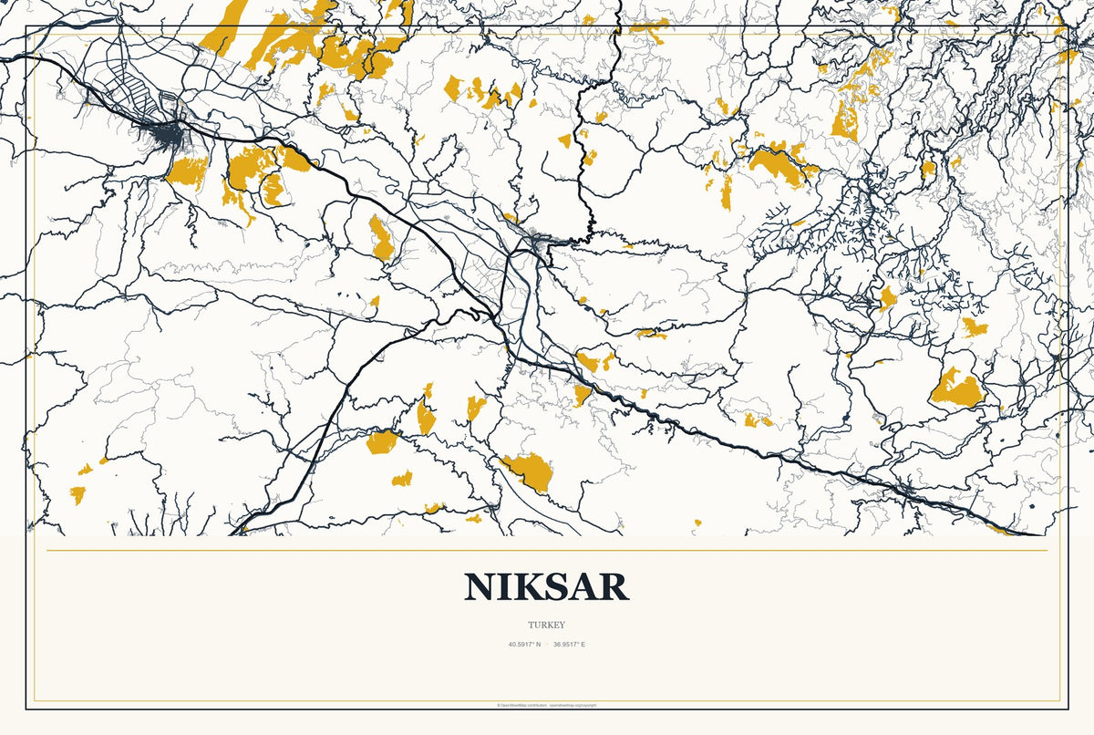 Niksar, Turkey City Map Aluminum Sign in Citrine Modern style