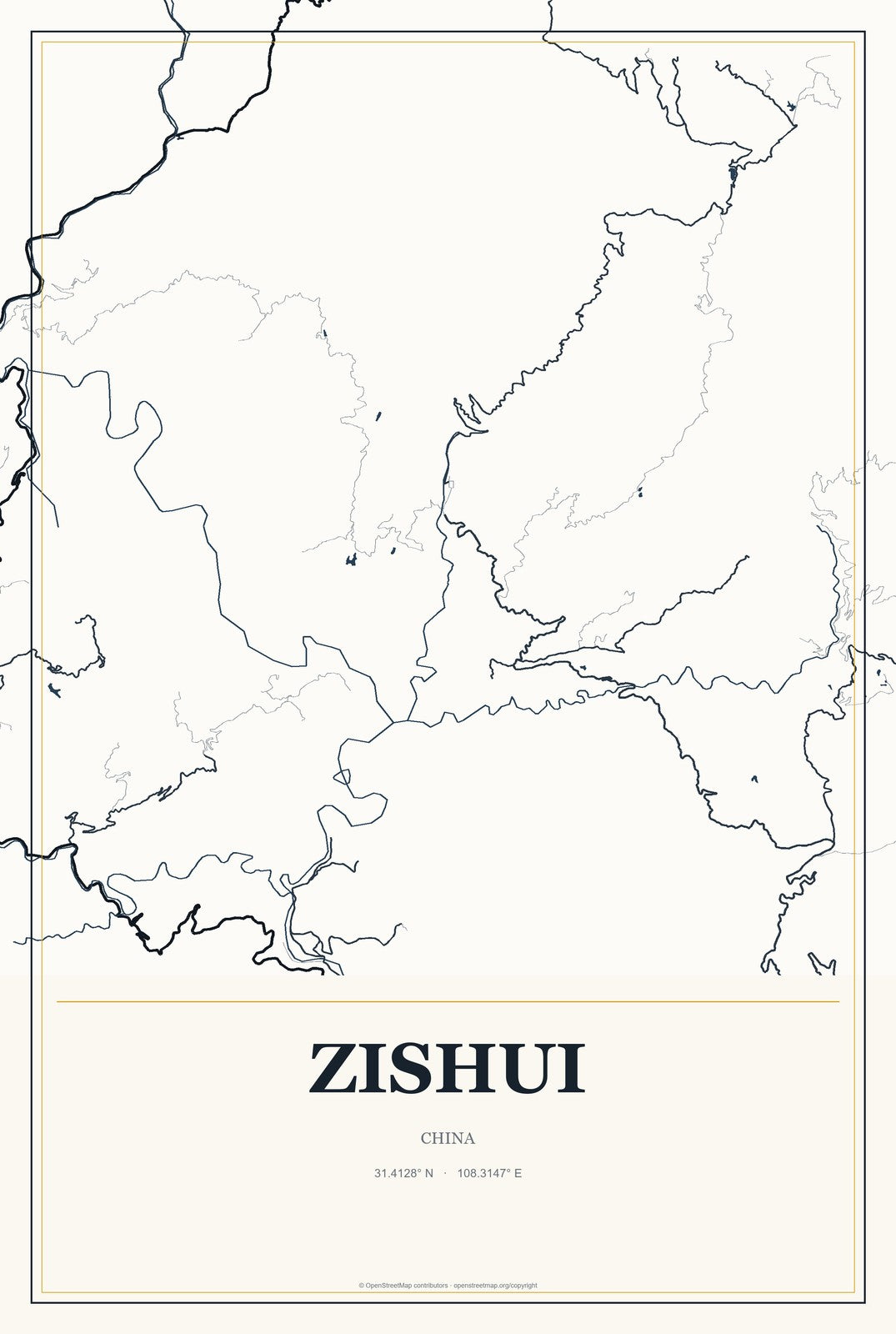 Zishui, China City Map Aluminum Sign in Citrine Modern style