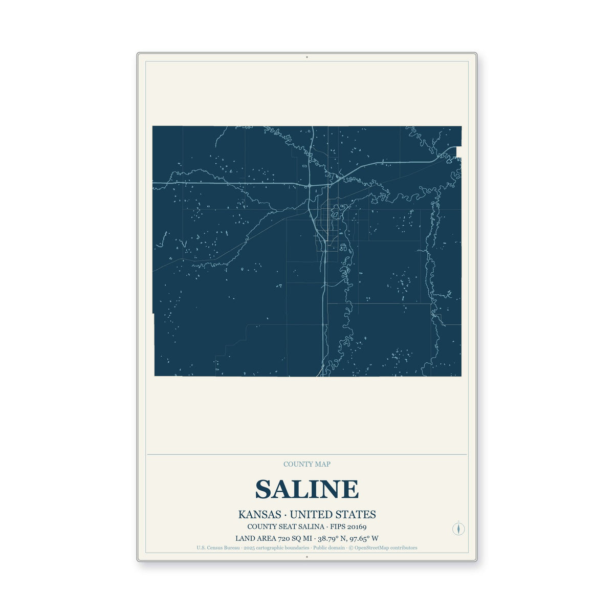 Saline County, Kansas Map Aluminum Sign in Coastal Cutout style