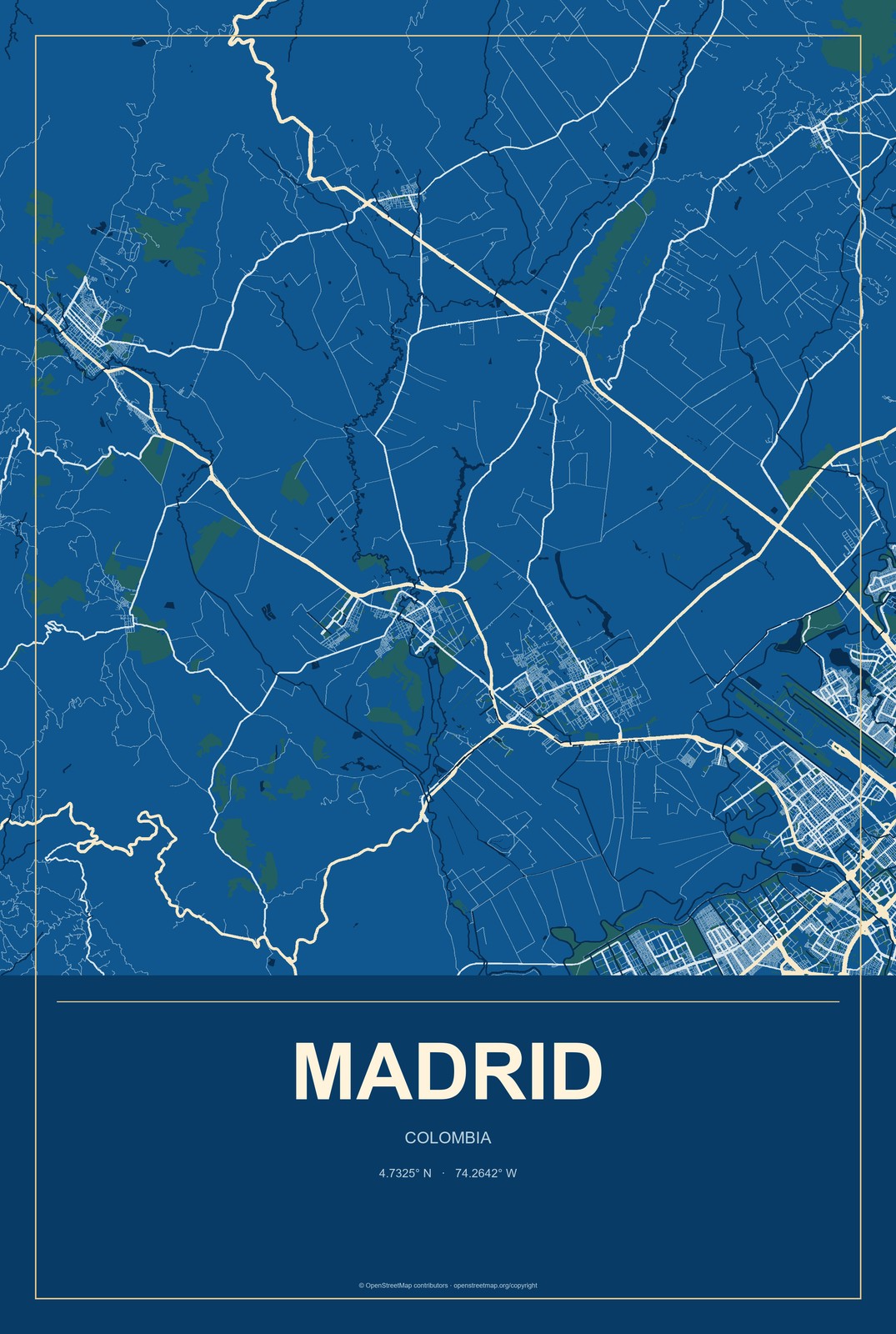 Madrid, Colombia City Map Aluminum Sign in Harbor Cobalt style