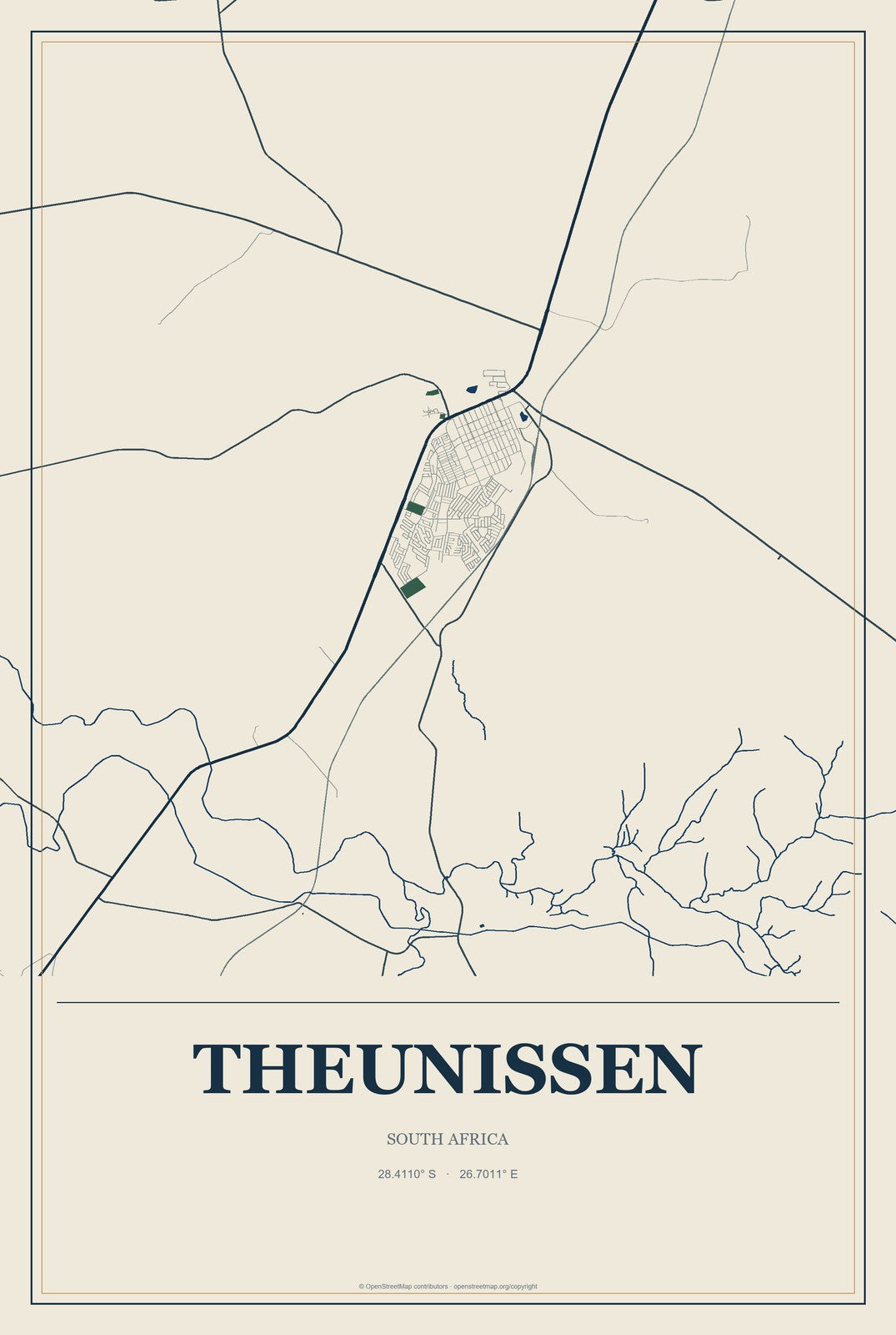 Theunissen, South Africa City Map Aluminum Sign in Coastal Cutout style