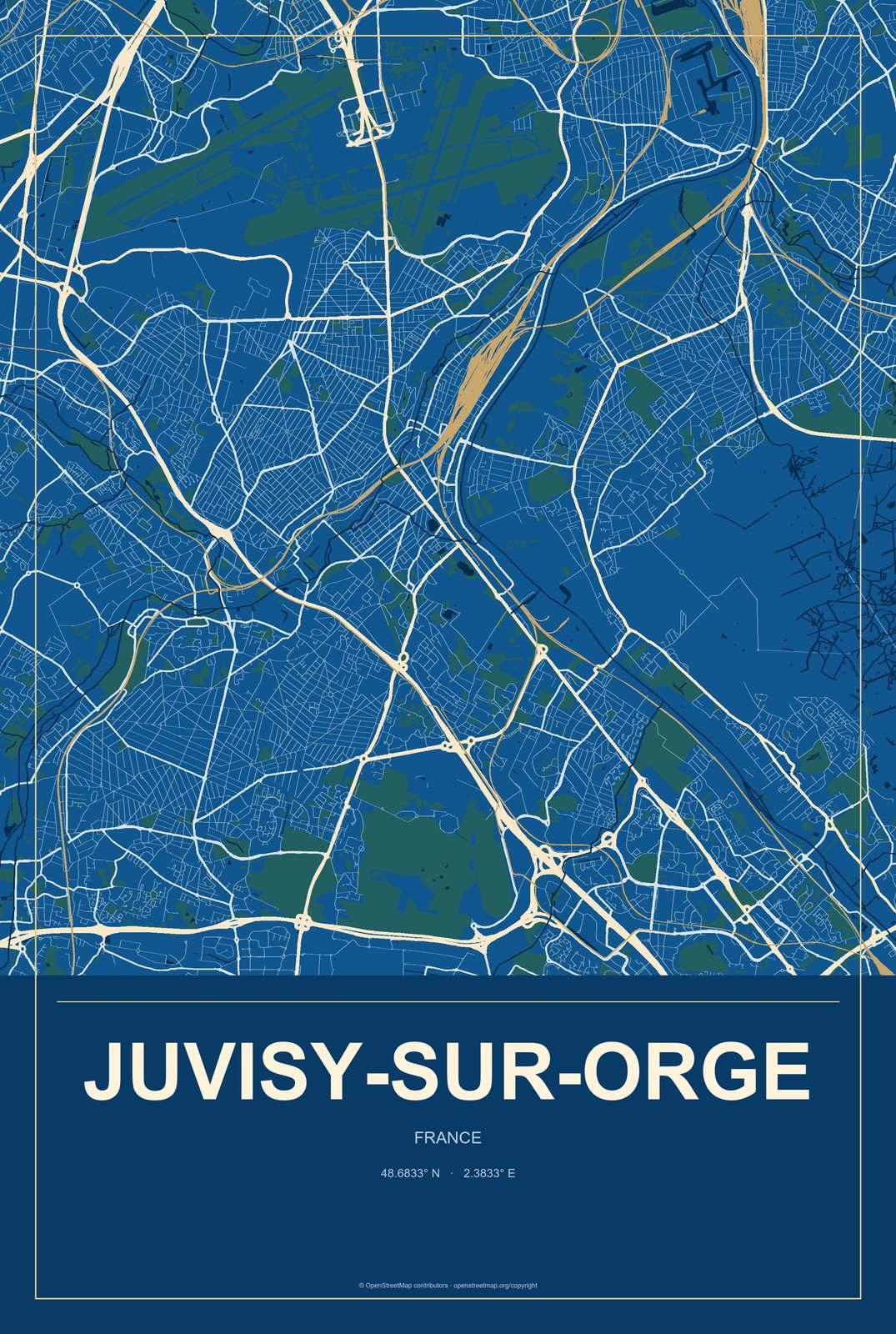 Juvisy-sur-Orge, France City Map Aluminum Sign in Harbor Cobalt style
