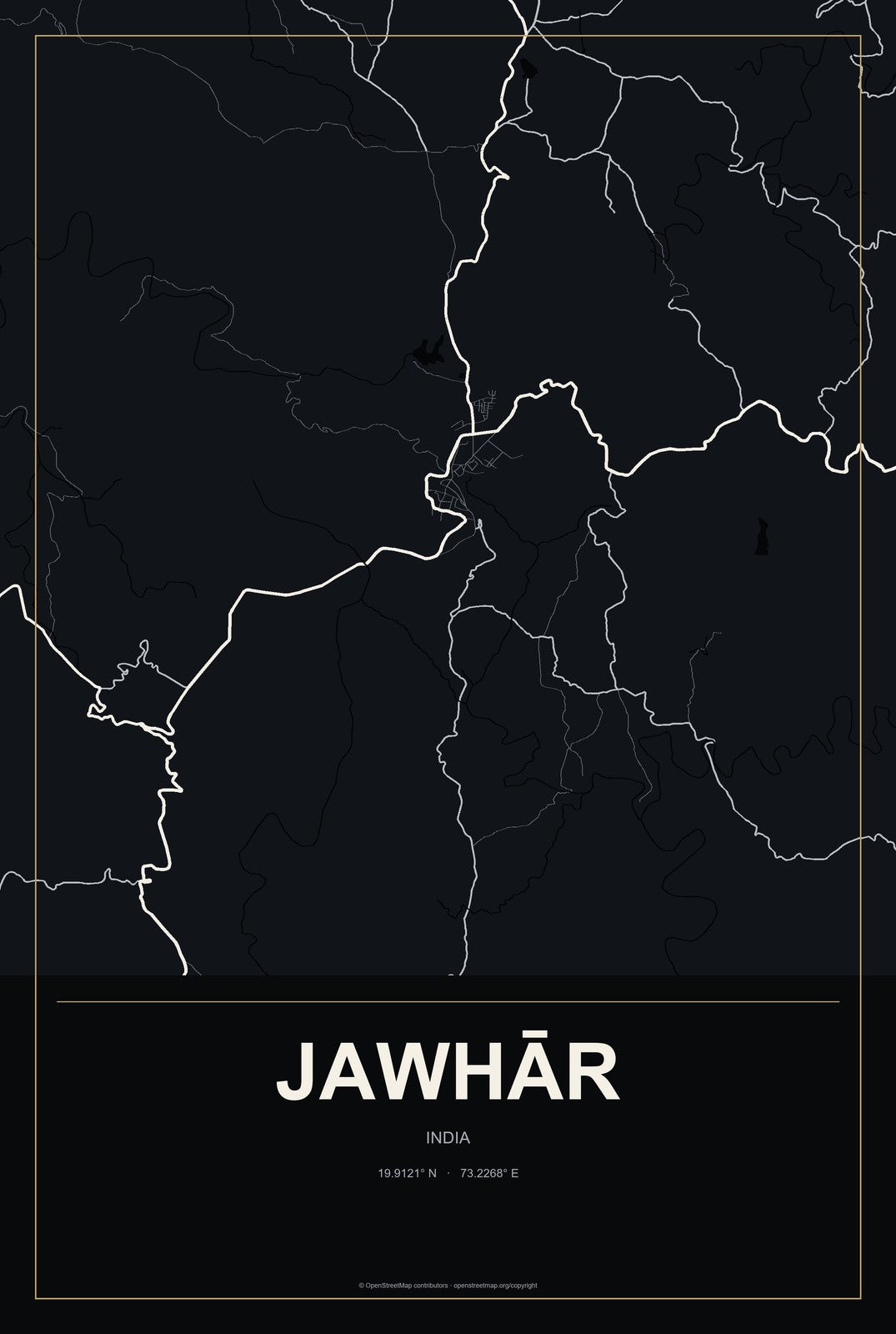 Jawhār, India City Map Aluminum Sign in Metropolitan Noir style