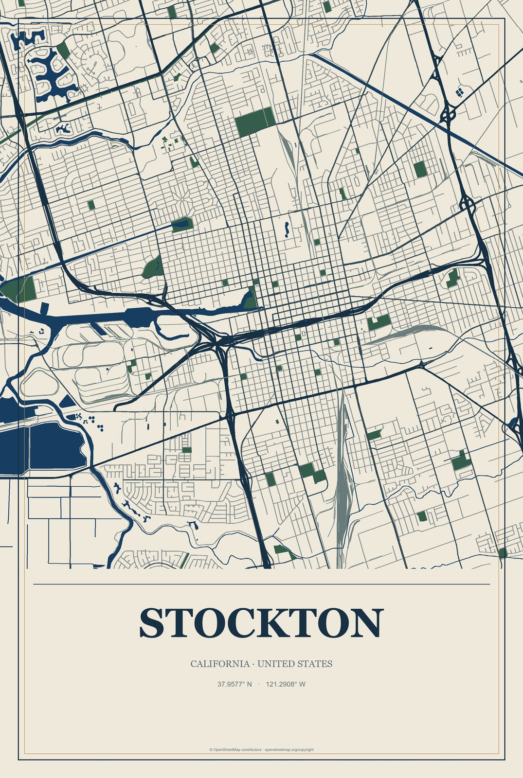 Stockton, California City Map Aluminum Sign in Coastal Cutout style