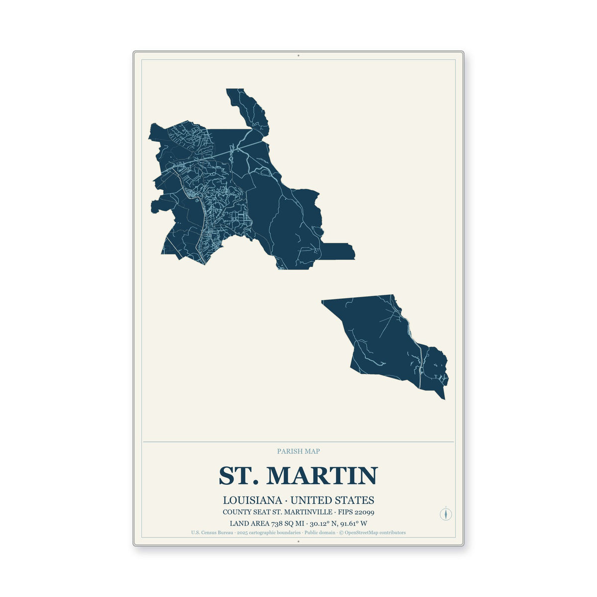 St. Martin Parish, Louisiana Map Aluminum Sign in Coastal Cutout style
