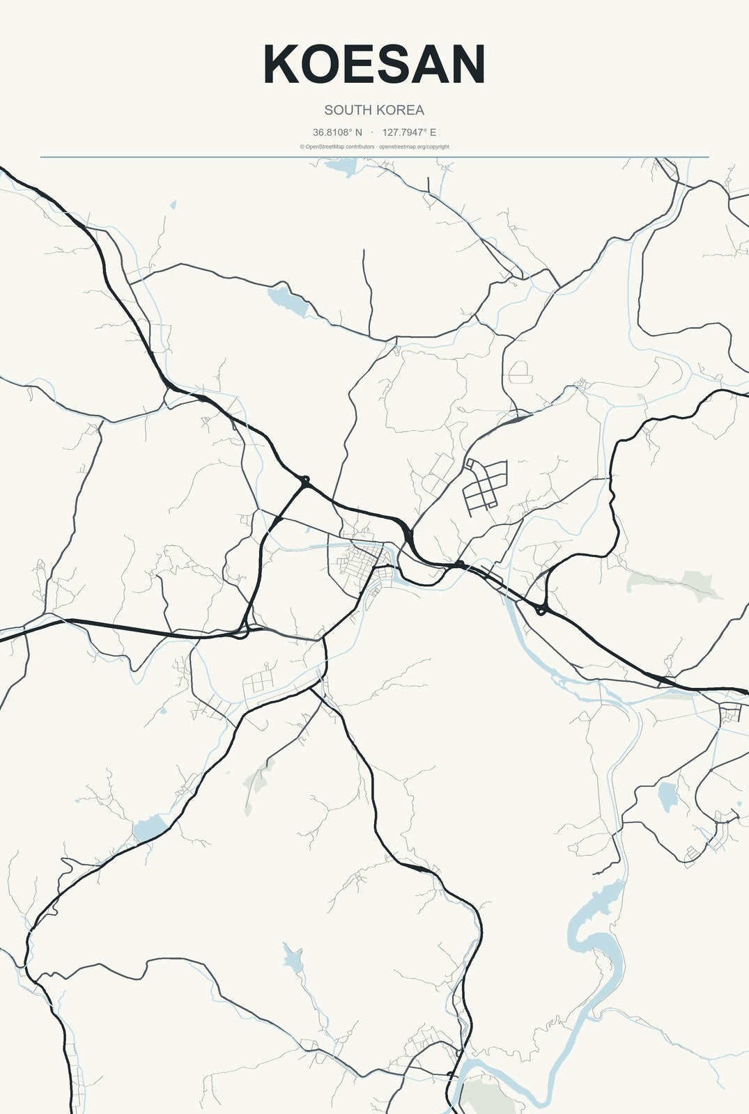 Koesan, South Korea City Map Aluminum Sign in Headline Atlas style