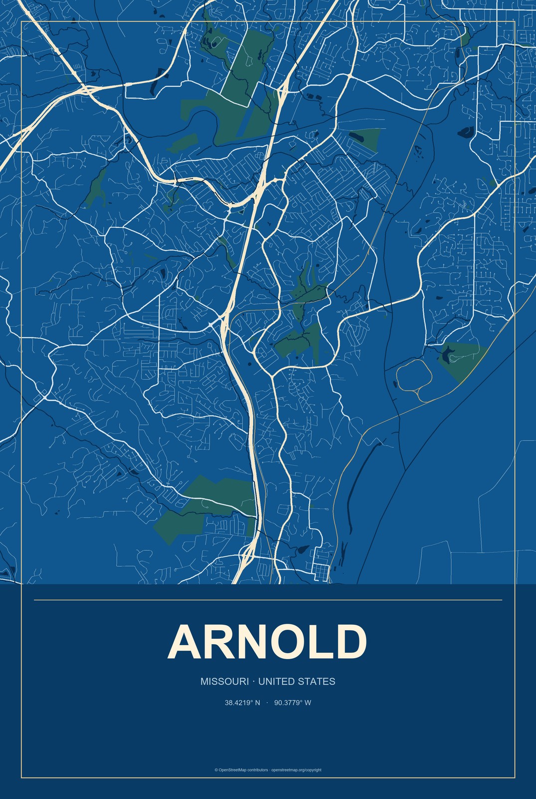 Arnold, Missouri City Map Aluminum Sign in Harbor Cobalt style