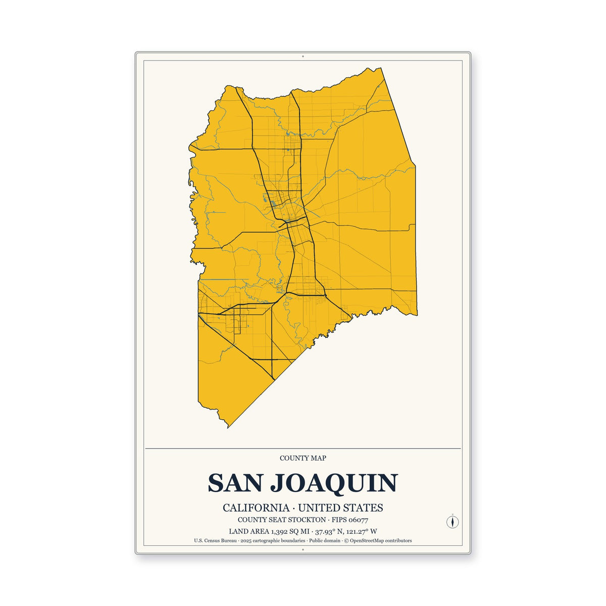 San Joaquin County, California Map Aluminum Sign in Citrine Modern style