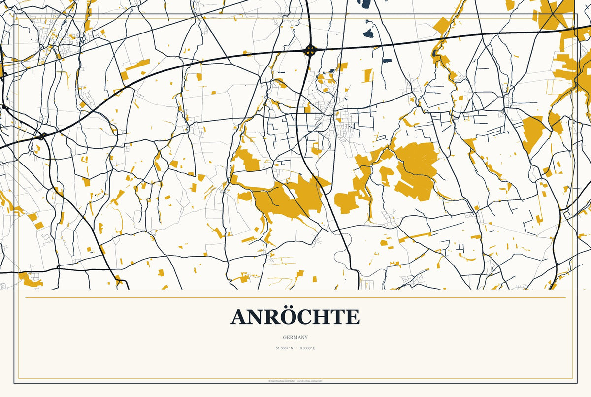 Anröchte, Germany City Map Aluminum Sign in Citrine Modern style