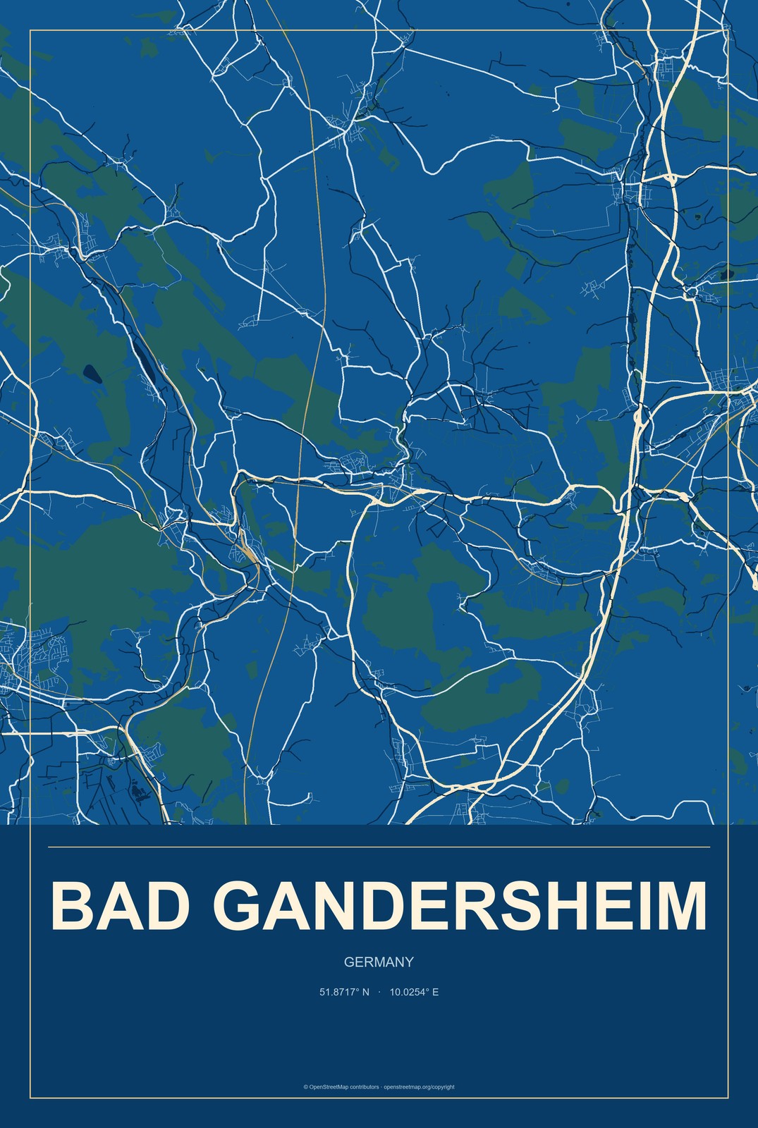 Bad Gandersheim, Germany City Map Aluminum Sign in Harbor Cobalt style