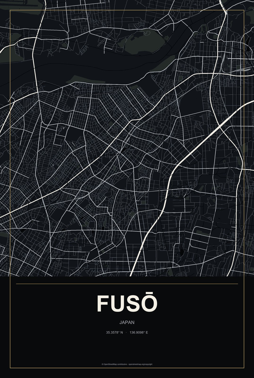 Fusō, Japan City Map Aluminum Sign in Metropolitan Noir style