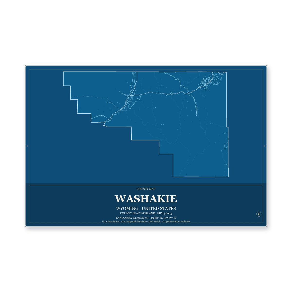 Washakie County, Wyoming Map Aluminum Sign in Harbor Cobalt style