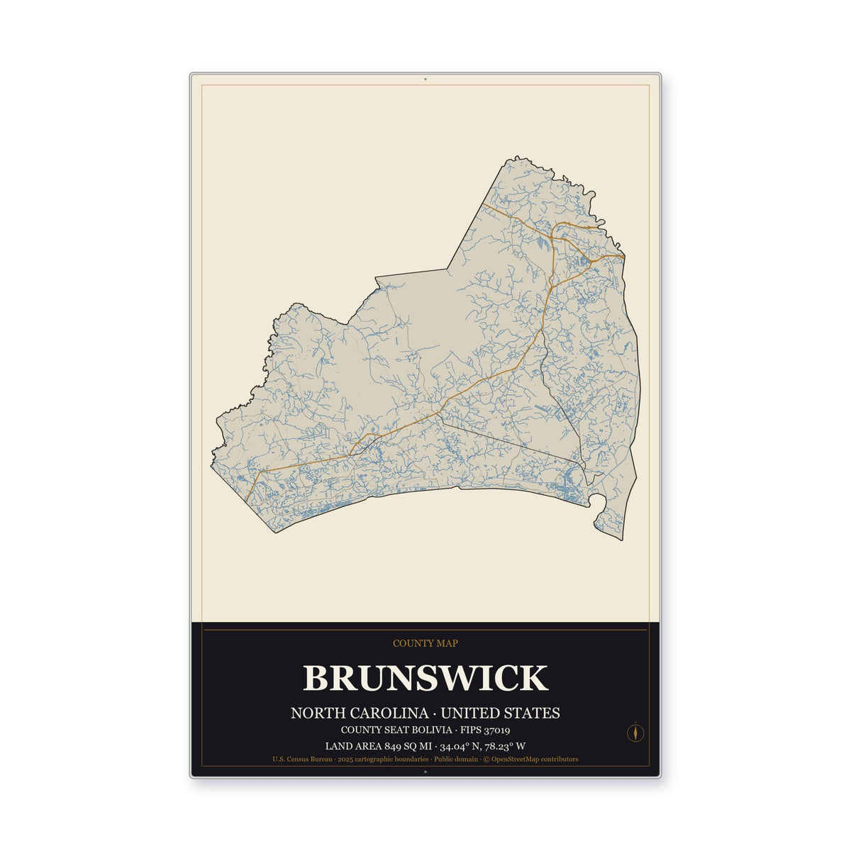 Brunswick County, North Carolina Map Aluminum Sign in Museum Plaque style
