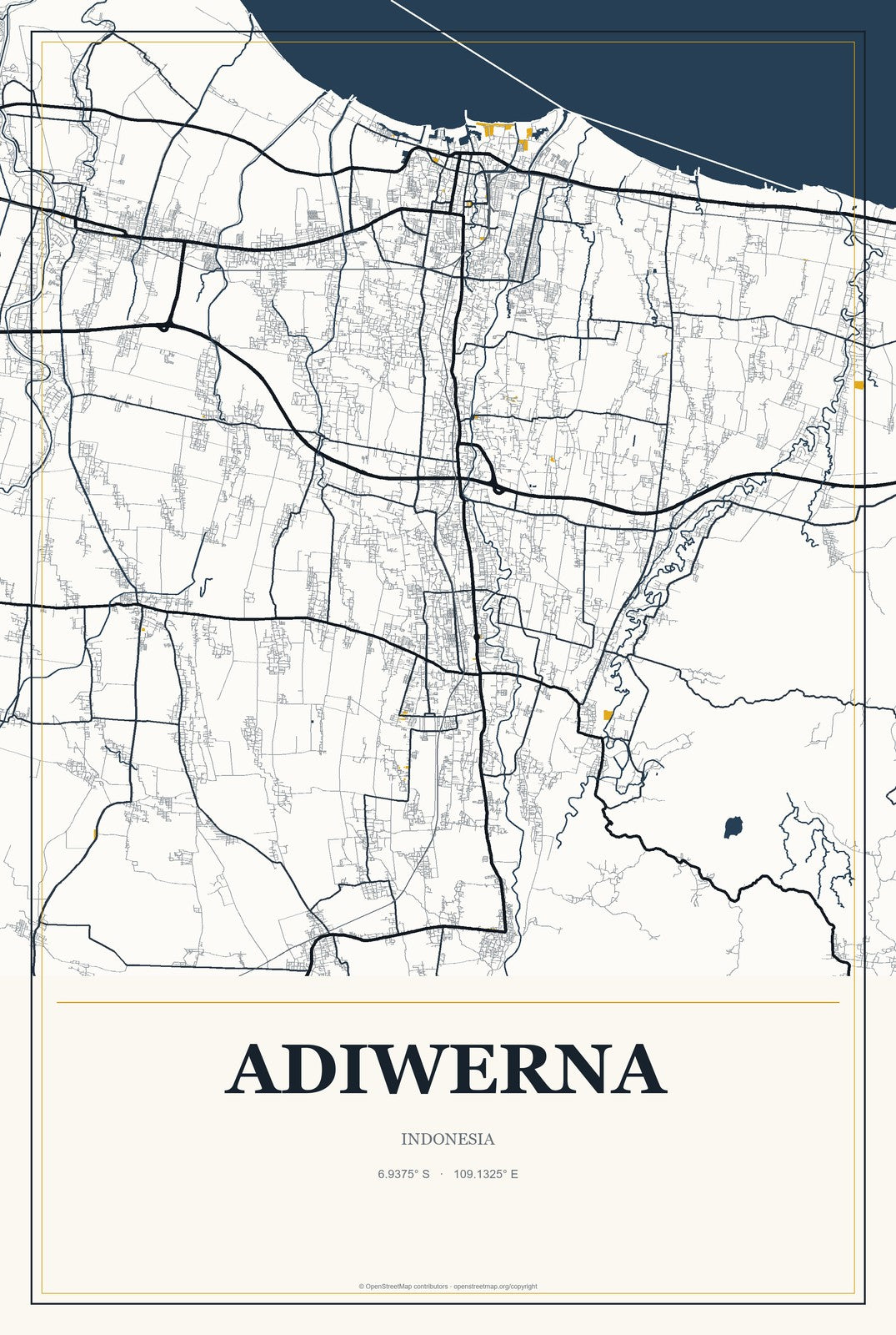 Adiwerna, Indonesia City Map Aluminum Sign in Citrine Modern style