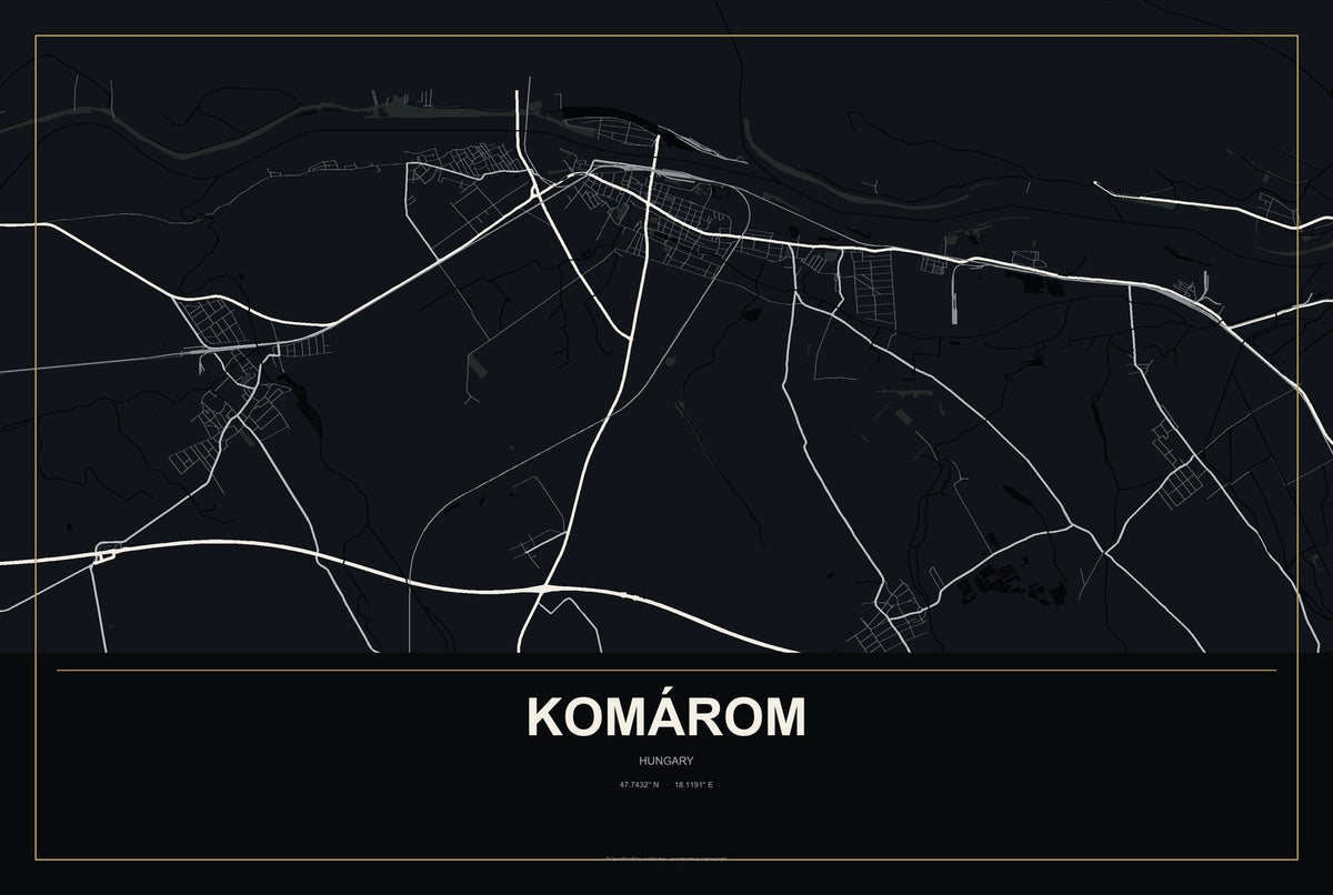 Komárom, Hungary City Map Aluminum Sign in Metropolitan Noir style