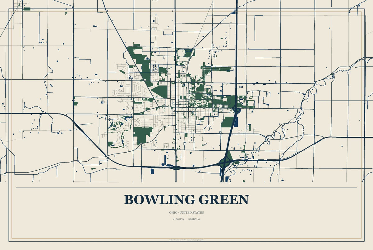 Bowling Green, Ohio City Map Aluminum Sign in Coastal Cutout style