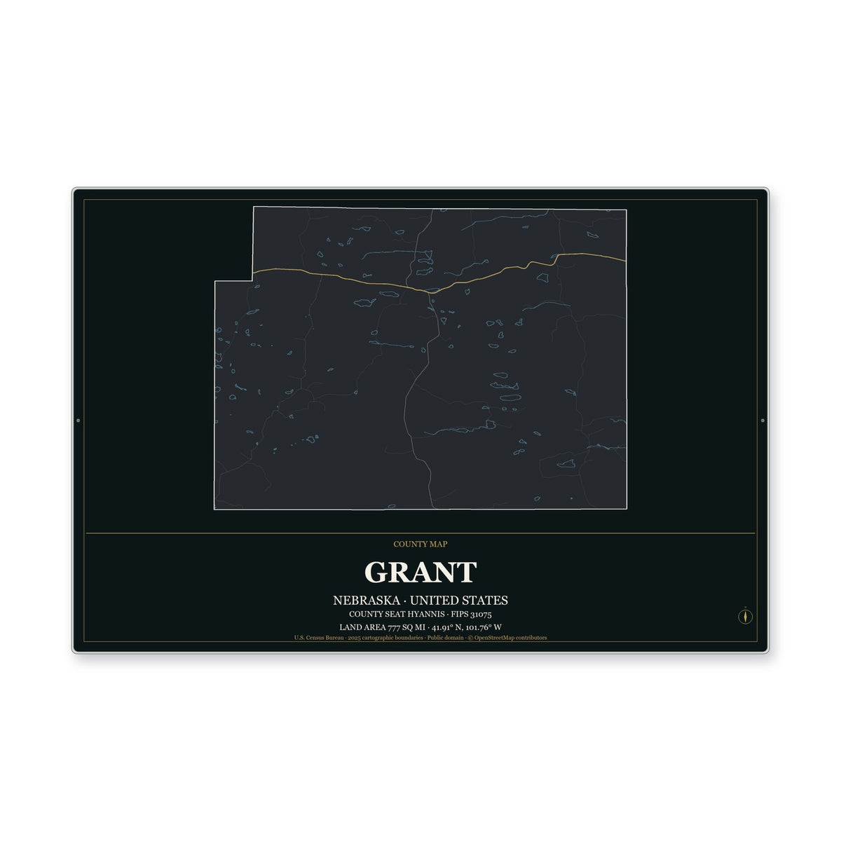Grant County, Nebraska Map Aluminum Sign in Metropolitan Noir style