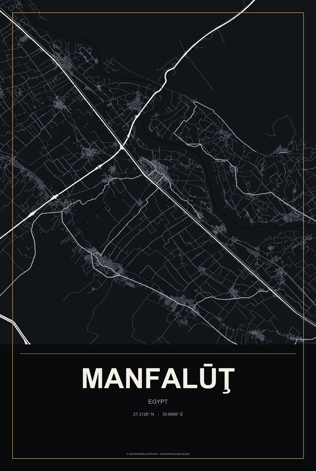 Manfalūţ, Egypt City Map Aluminum Sign in Metropolitan Noir style
