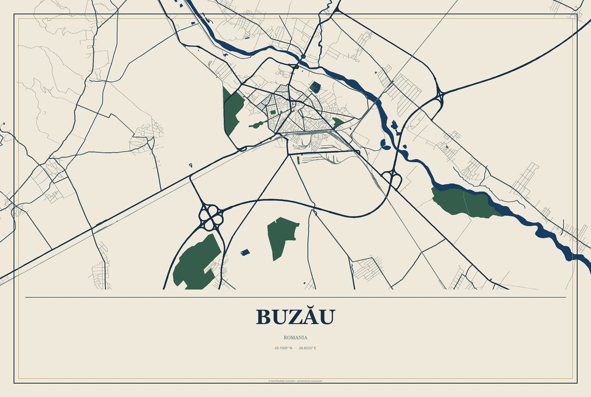 Buzău, Romania City Map Aluminum Sign in Coastal Cutout style