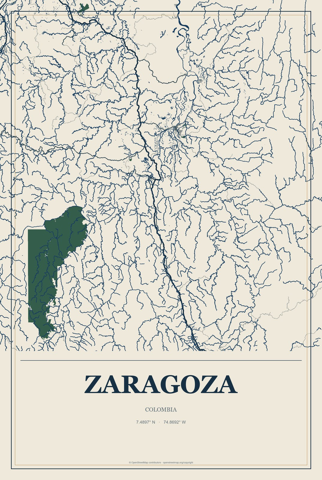 Zaragoza, Colombia City Map Aluminum Sign in Coastal Cutout style