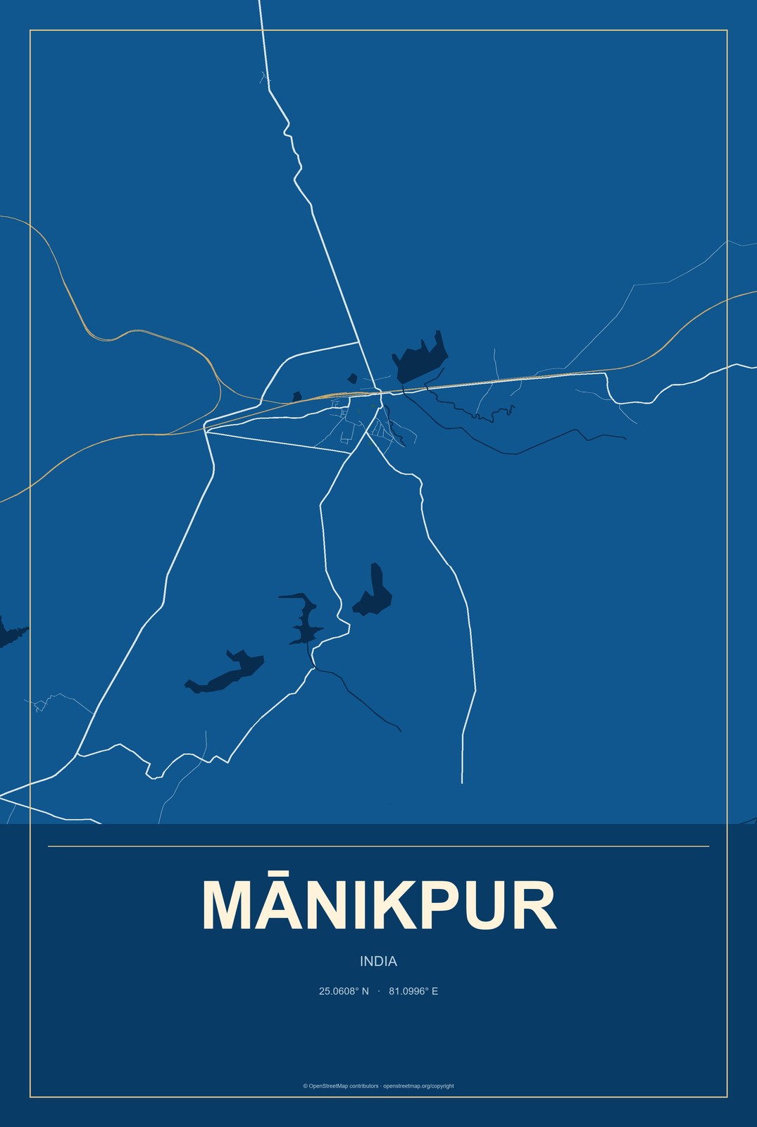 Mānikpur, India City Map Aluminum Sign in Harbor Cobalt style