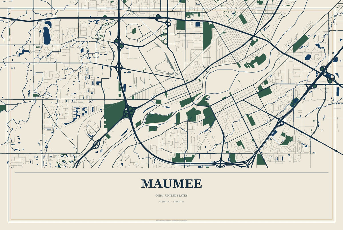 Maumee, Ohio City Map Aluminum Sign in Coastal Cutout style