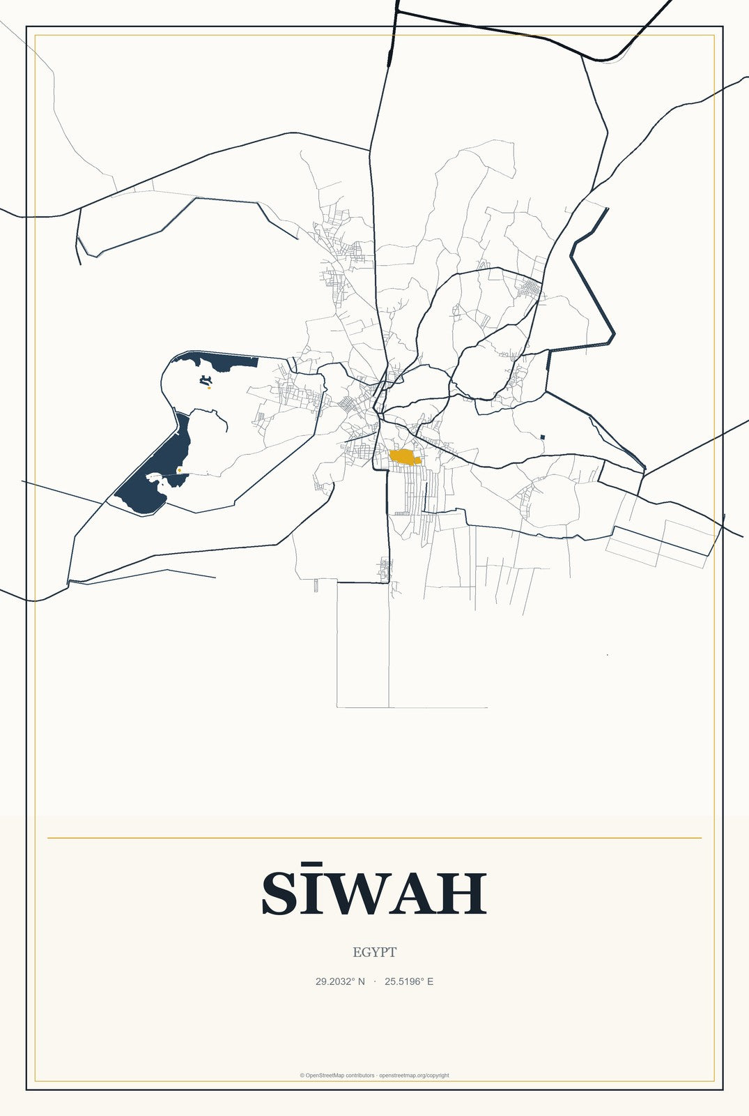 Sīwah, Egypt City Map Aluminum Sign in Citrine Modern style
